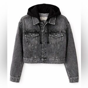 Free People We The Free Cropped Denim Hoodie Trucker Jacket Black Medium